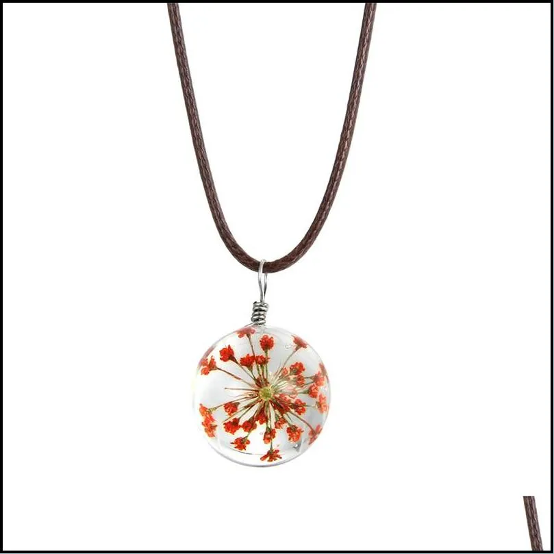 fashion dried flower glass ball necklace pendant rope chain necklace for women strip leather choker wedding jewelry gift