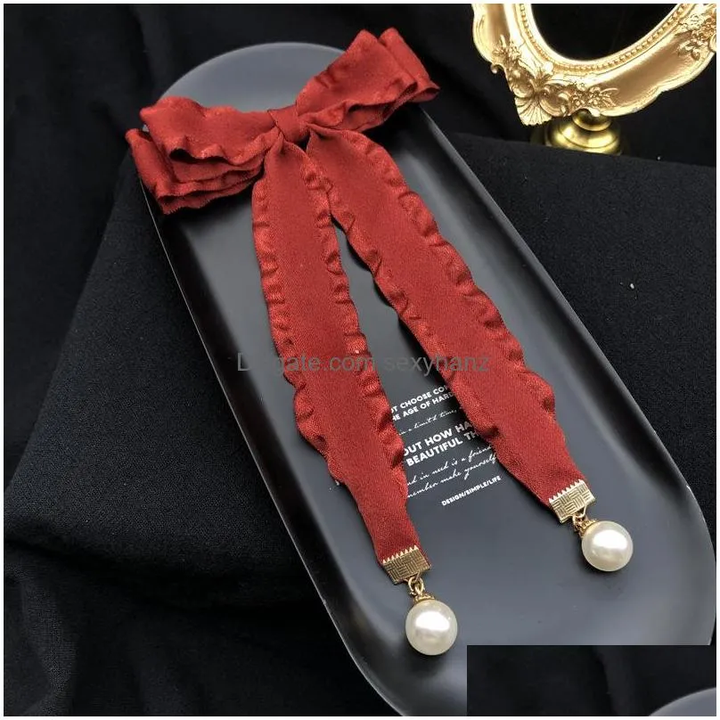 korean vintage bow pearl pendant farbic bow ties fashion red silk ribbon jk girl tie necktie for women shirt preppy style bowknot brooches clothes