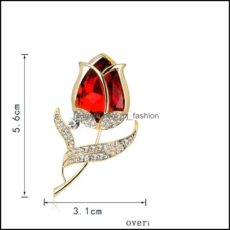 crystal tulip brooch pins gold diamond flower brooches dress business suit brooches for women fashion jewelry 