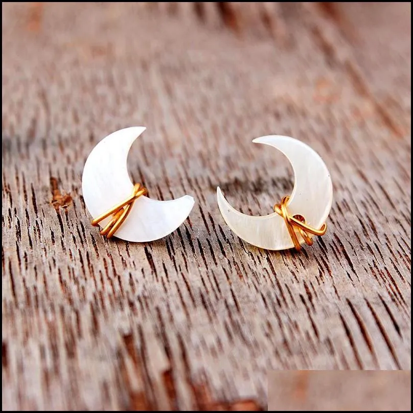 unique design crescent moon stud earrings mother of pearl gemstone post in gold sterling silver handmade wire wrapped ear wedding