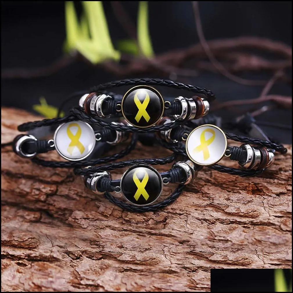 new fashion black multi layer leather bracelet yellow ribbon glass cabochon buckle punk weave bracelets jewelry gifts for family