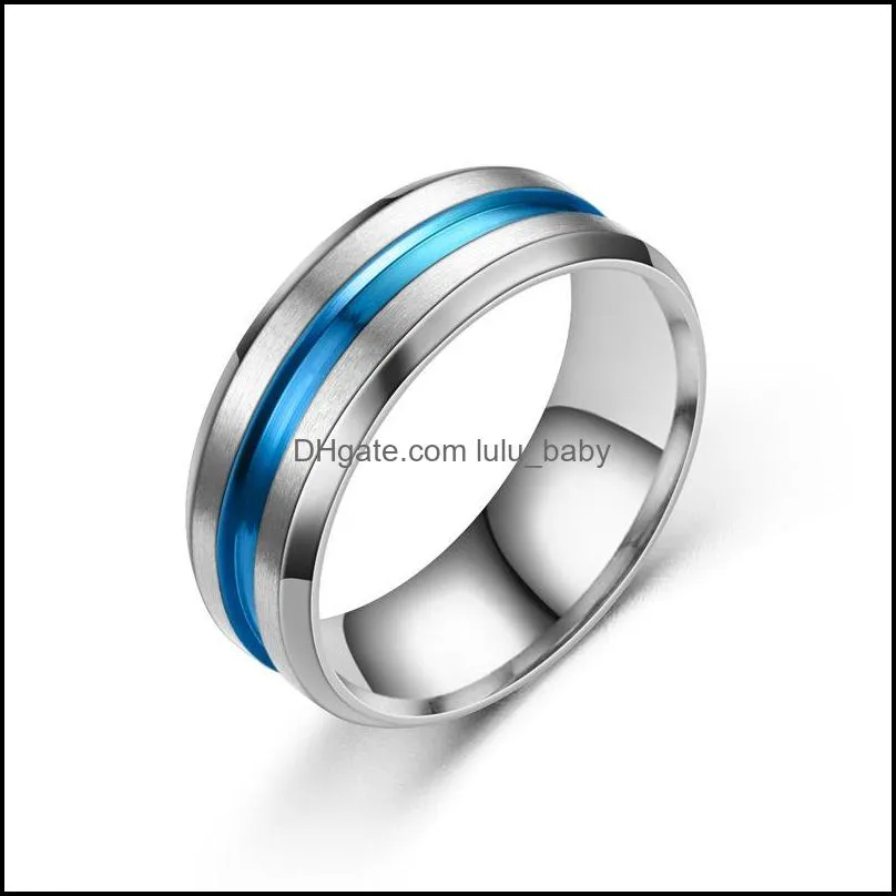 stainless steel blue rainbow groove ring band finger contrast color rings for women men fashion jewelry