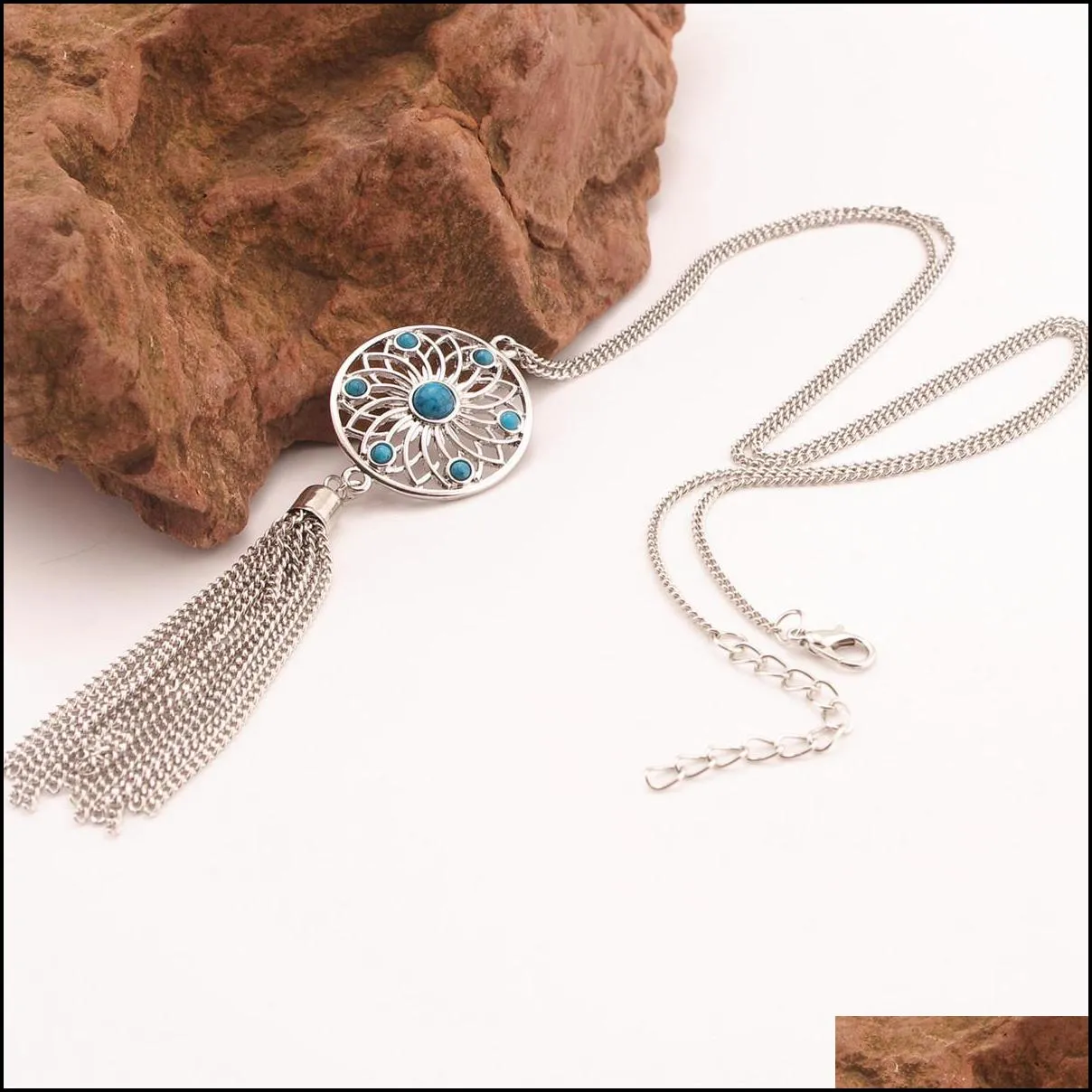 fashion boho dream catcher necklaces hollow net tassel long pendant dangle sweater turquoise bead necklace for women jewelry