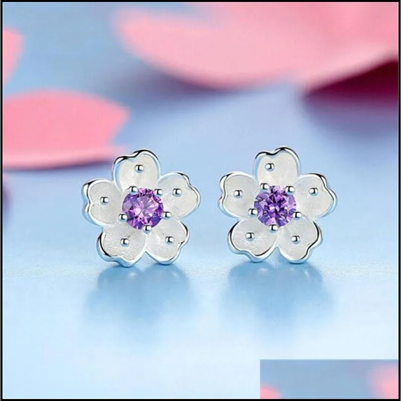 wedding bridal jewelry sets silver plated purple pink crystal cherry blossoms flower necklaces earrings rings for women