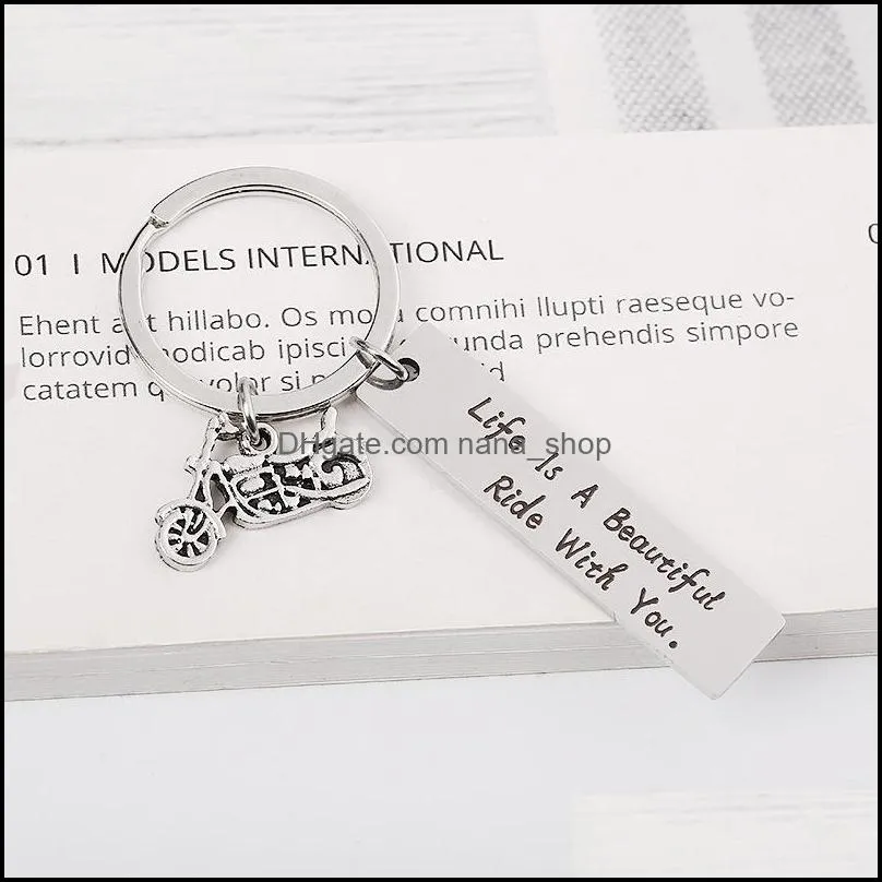 stainless steel letter tag with motorcycle key ring holders lovers keychain for women men fashion