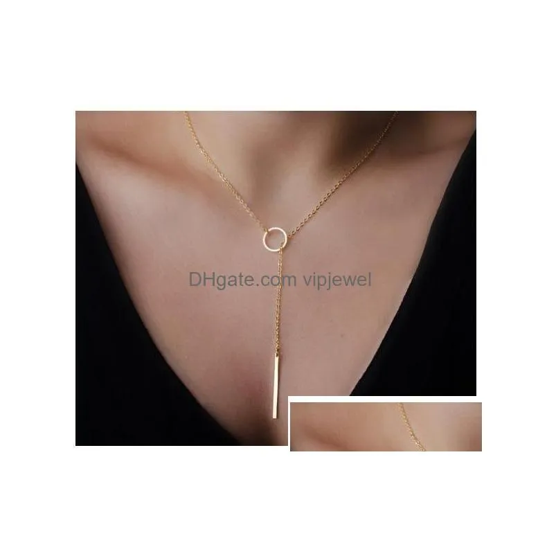 simple metal bar pendant necklace zinc alloy gold silver plate round ring circle charm strip chain necklaces for women short cavicle