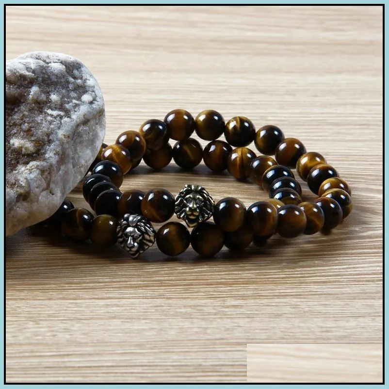 wholesale 10pcs/lot antique gold and silver cz  head with 8mm natural tiger eye stone beads bracelets
