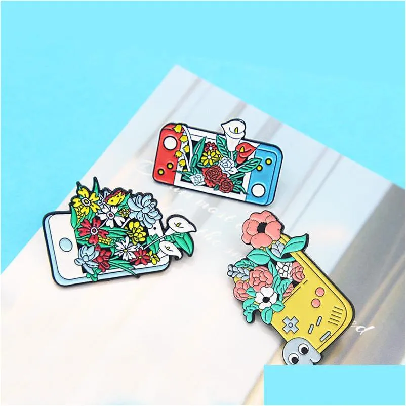 cartoon game console design brooch 3pcs/set smart phone flower enamel pins metal brooches for girls gift jewelry creative badges denim shirt