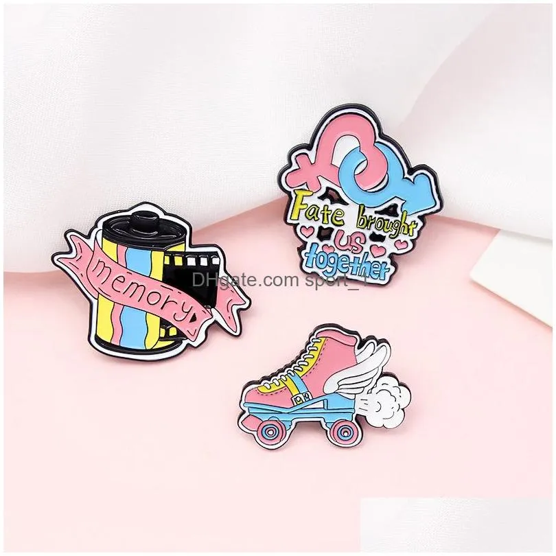 vintage ribbon film brooches 3pcs set smoking roller skates enamel badges alloy lucky couple key pin denim shirt jewelry gift bag