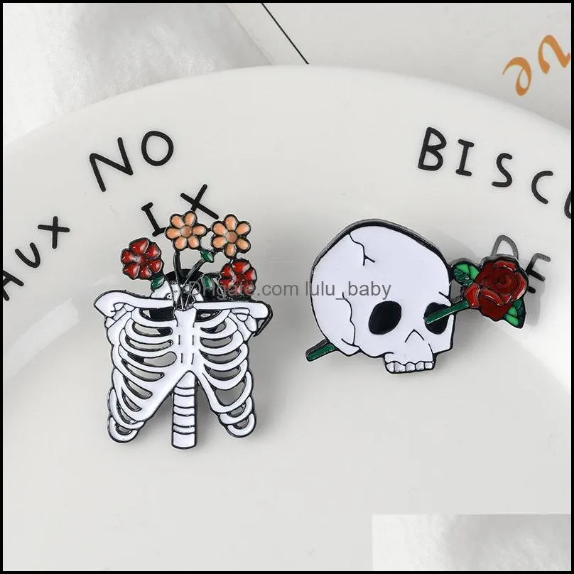 flower rose skull brooch pins enamel lapel pin for women men top dress cosage fashion jewelry