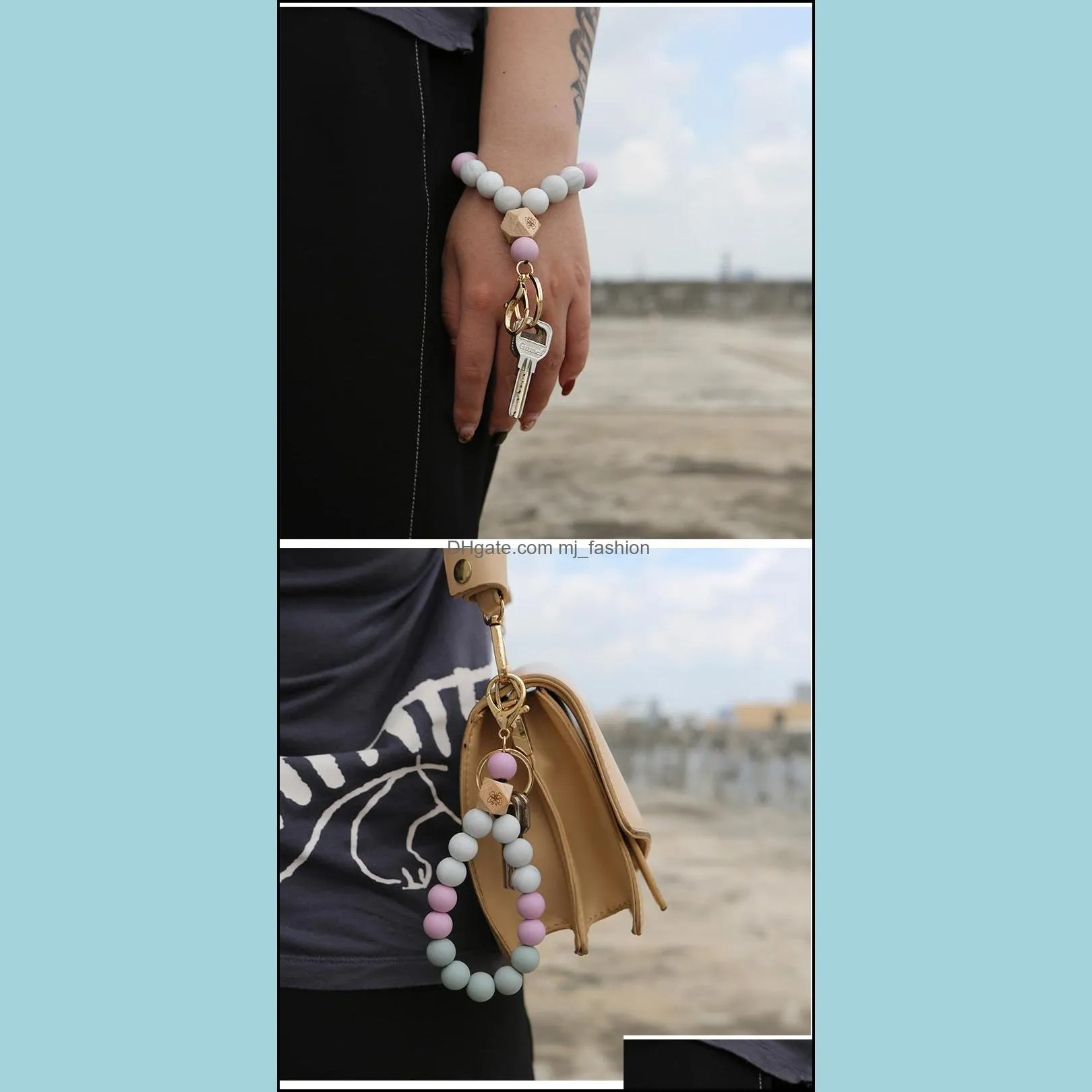 silicone bead strand bracelet key rins butterfly wood keychain wristband bangle cuff handbag hangs for women men fashion jewelry