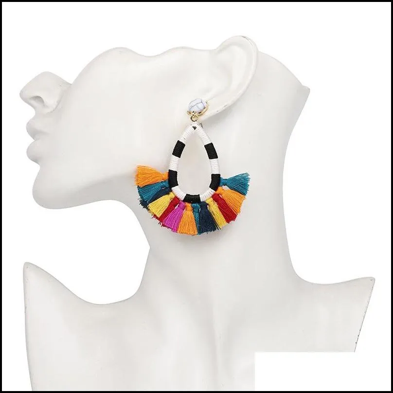 bohemian ethnic drop hoop tassel earrings simple design c shape fringe dangle earring with small ceramic ball for women jewelry