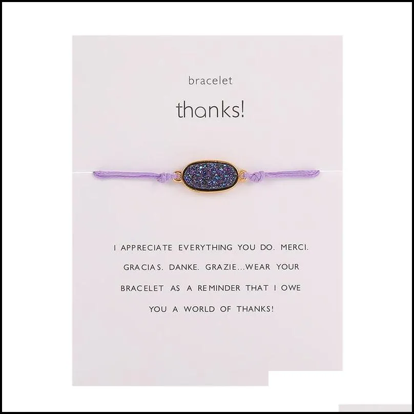 2019 thanks card adjustable bracelet golden oval resin stone charm bracelets colorful 10 colors wax rope bracelet jewelry gift