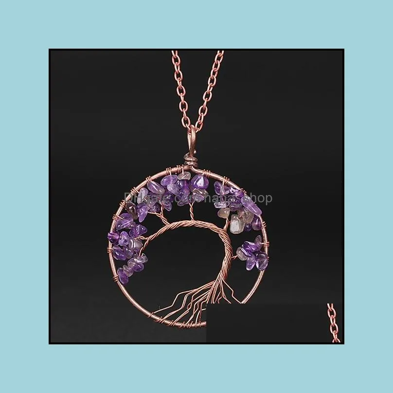 tree of life natural stone pendant necklace bronze wire agate amethyst turquoise beads necklaces for women children fashion jewelry