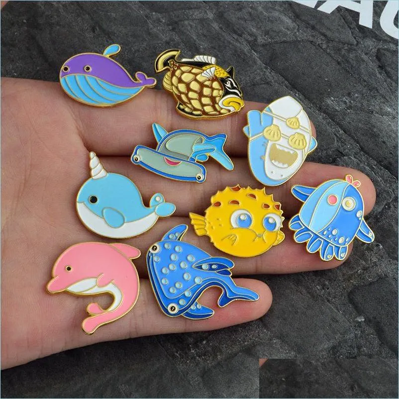 sea shark whale brooch pins enamel cartoon lapel pin for women men top dress cosage fashion jewelry