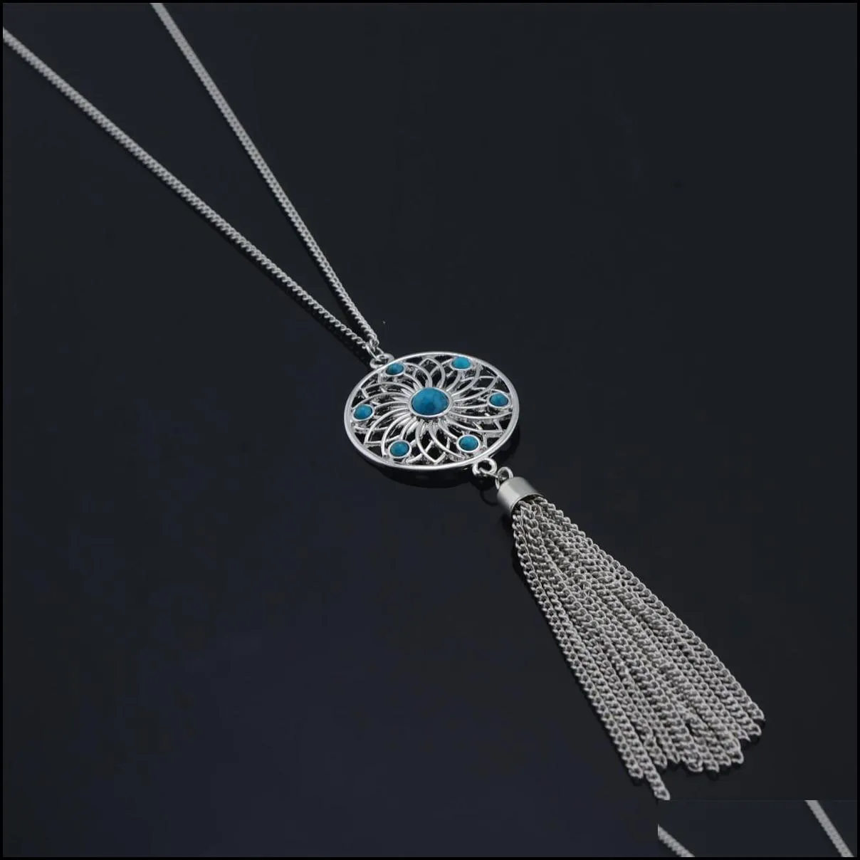 fashion boho dream catcher necklaces hollow net tassel long pendant dangle sweater turquoise bead necklace for women jewelry