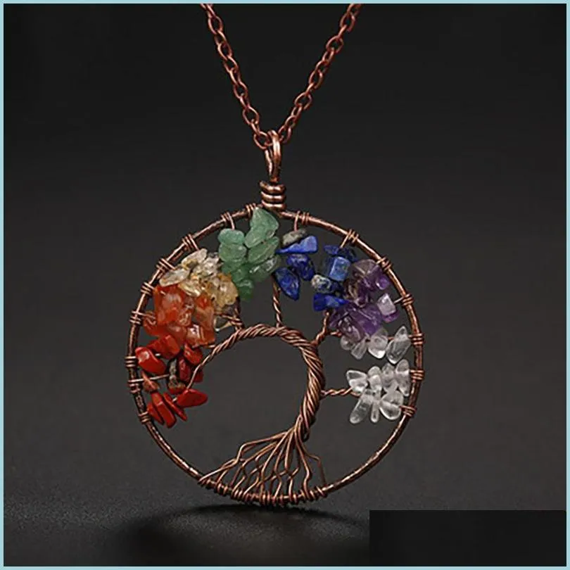 tree of life natural stone pendant necklace bronze wire agate amethyst turquoise beads necklaces for women children fashion jewelry