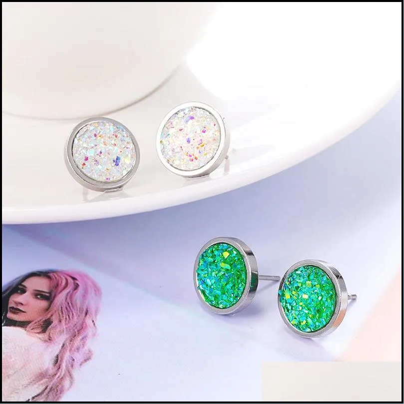 best selling druzy resin stud earrings simple and exquisite stainless steel stud earring geometric round mineral face crystal ear for