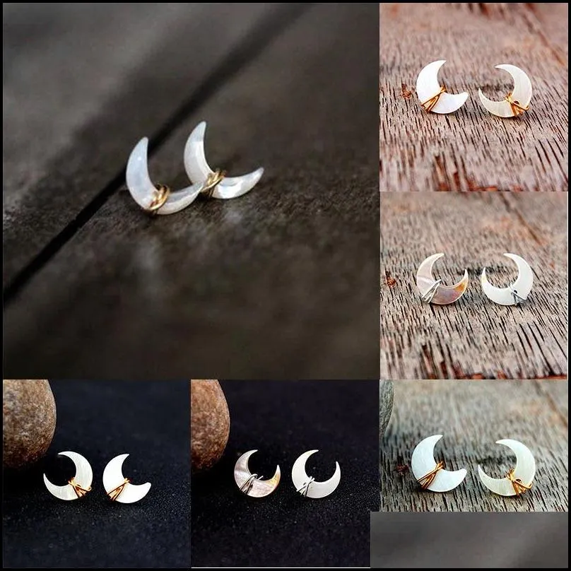 unique design crescent moon stud earrings mother of pearl gemstone post in gold sterling silver handmade wire wrapped ear wedding