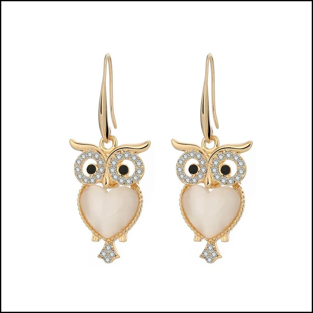 cute owl crystal earrings jewelry gold color animal earring with heart shape opal charms for women party jewelry