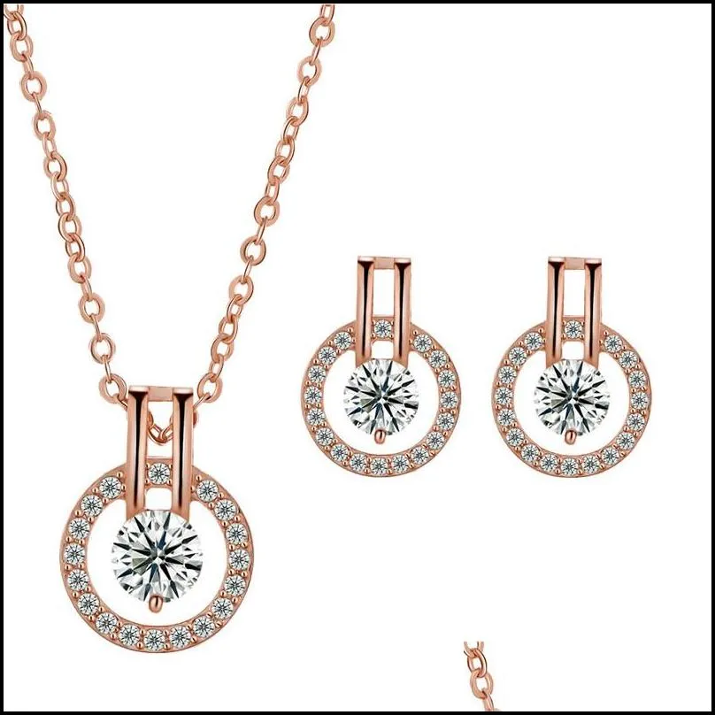 new cubic zirconia jewelry set round cz zircon crystal necklace and stud earring jewelry set for women party bridal wedding jewelry