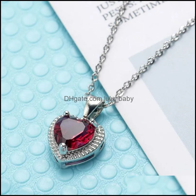 diamond heart pendant necklace stainelss steel chain women girls necklaces red green crystal fashion jewelry