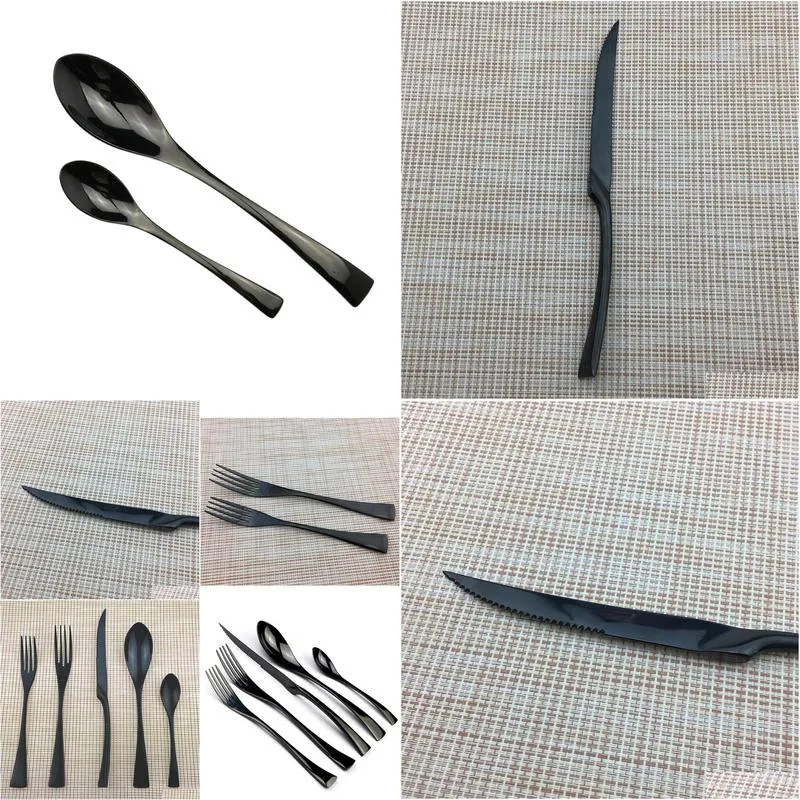 jashii 5pcs black stainless steel dinnerware plate silverware dinner steak knives dessert forks teaspoon tableware cutlery set t200430