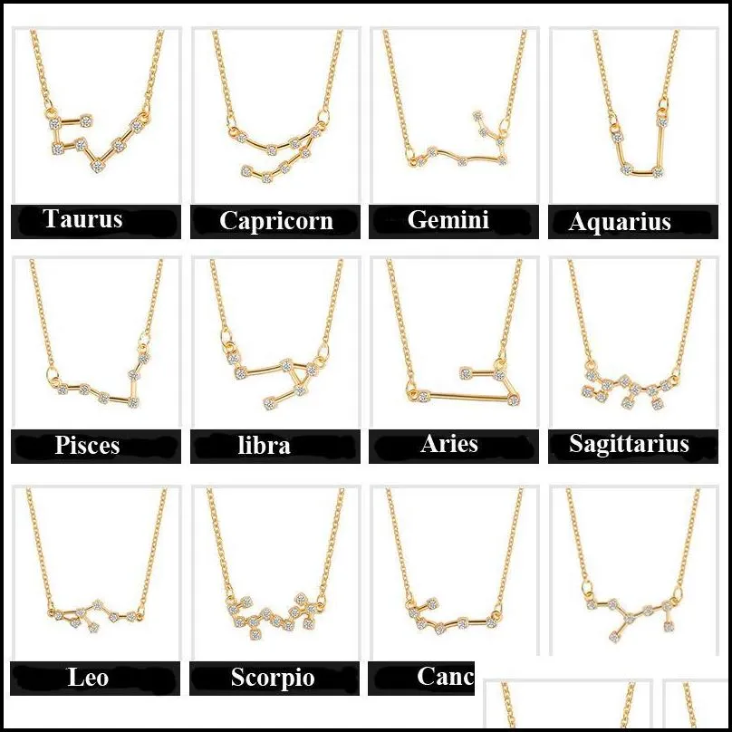 zodiac sign necklaces 12 constellations gold silver color necklace with cubic zirconia charm for women girls birthday friend jewelry