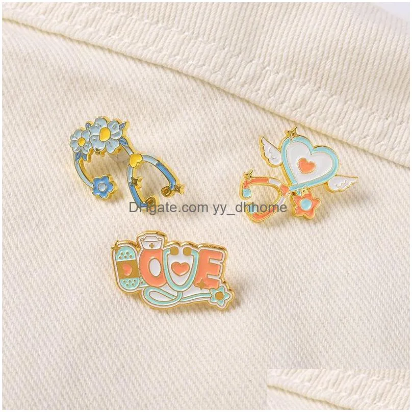cartoon stethoscope shaped brooch 3pcs/set heart love enamel pins gold plated metal brooches for girls gift jewelry creative badges denim shirt