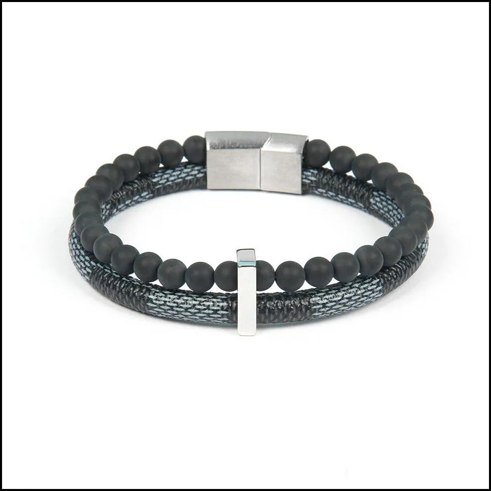 fashion male leather bracelet silver jewelry matte agate stone beads bracelet stainless steel magnetic clasps men wrist gifts