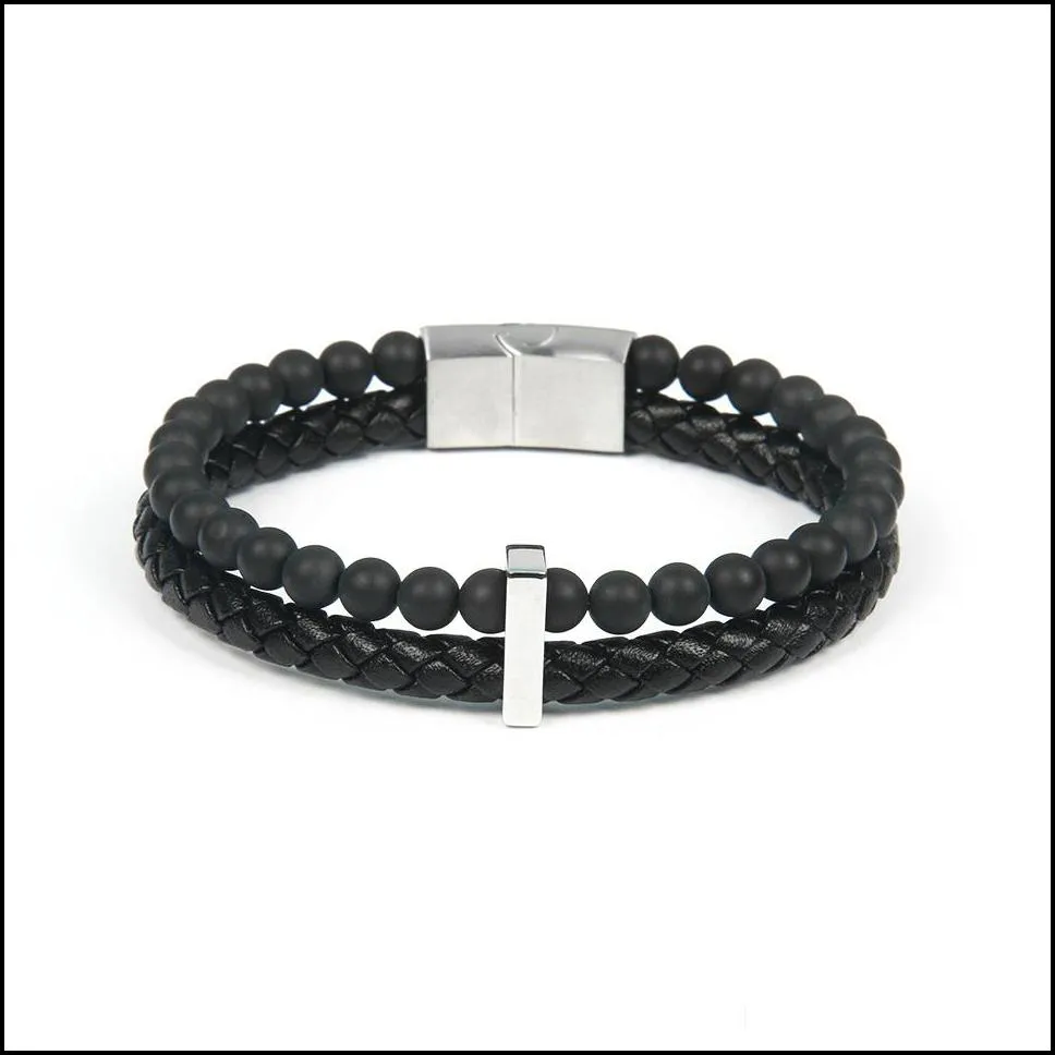 fashion male leather bracelet silver jewelry matte agate stone beads bracelet stainless steel magnetic clasps men wrist gifts