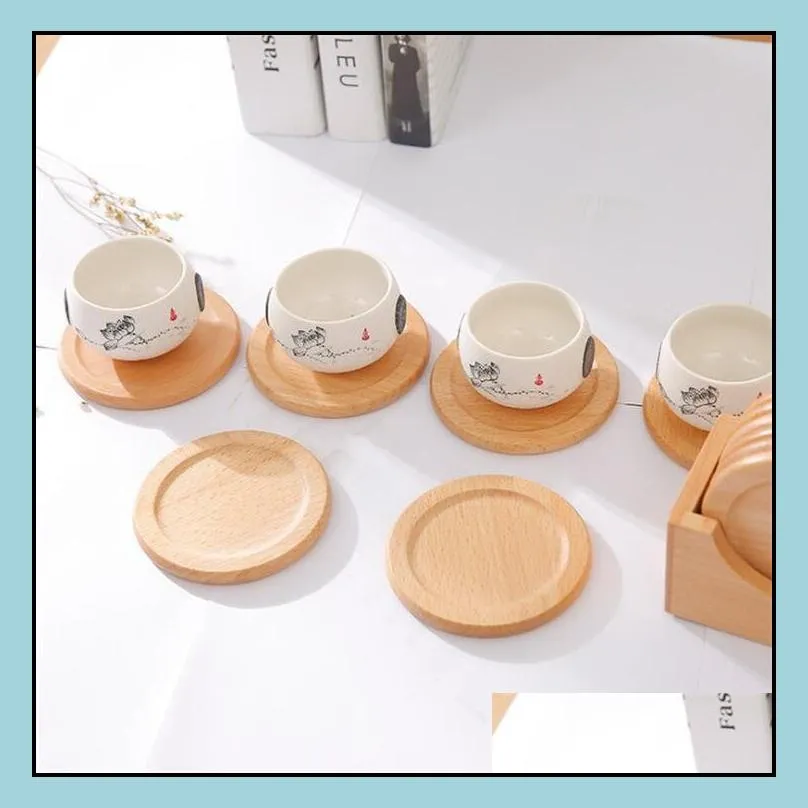 6pcs/set wooden coasters set round beech wood cup mat bowl pad cup holder home kitchen tools