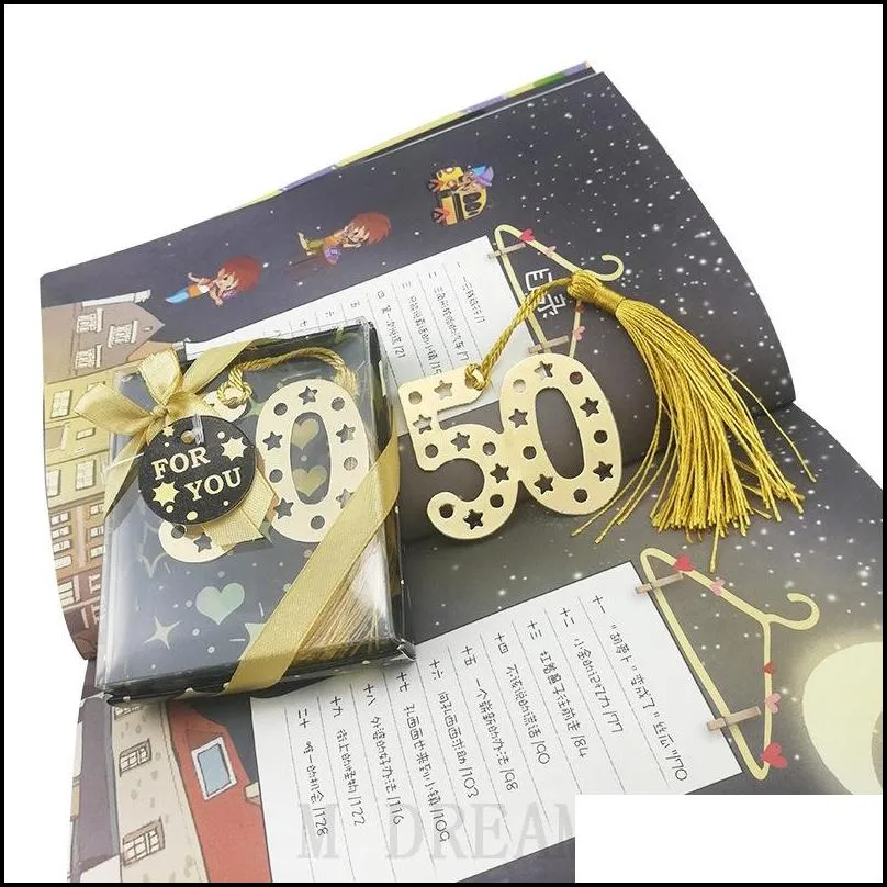 gold digital 50 bookmark with tassel wedding favors birthday gifts bridal shower event keepsake party giveaways ideas