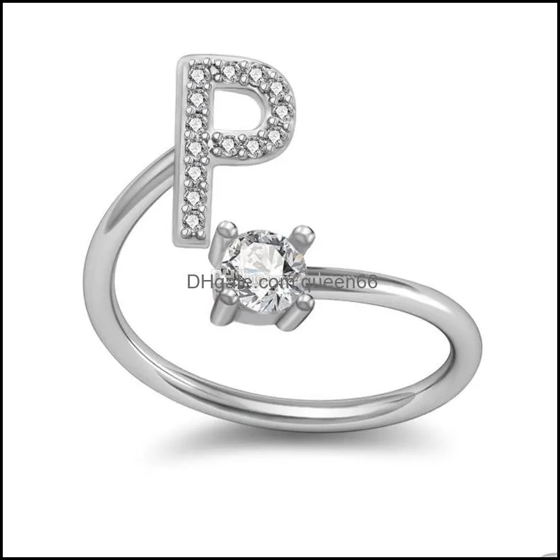 26 az english letter ring crystal english initial ring open diamond women rings fashion jewelry