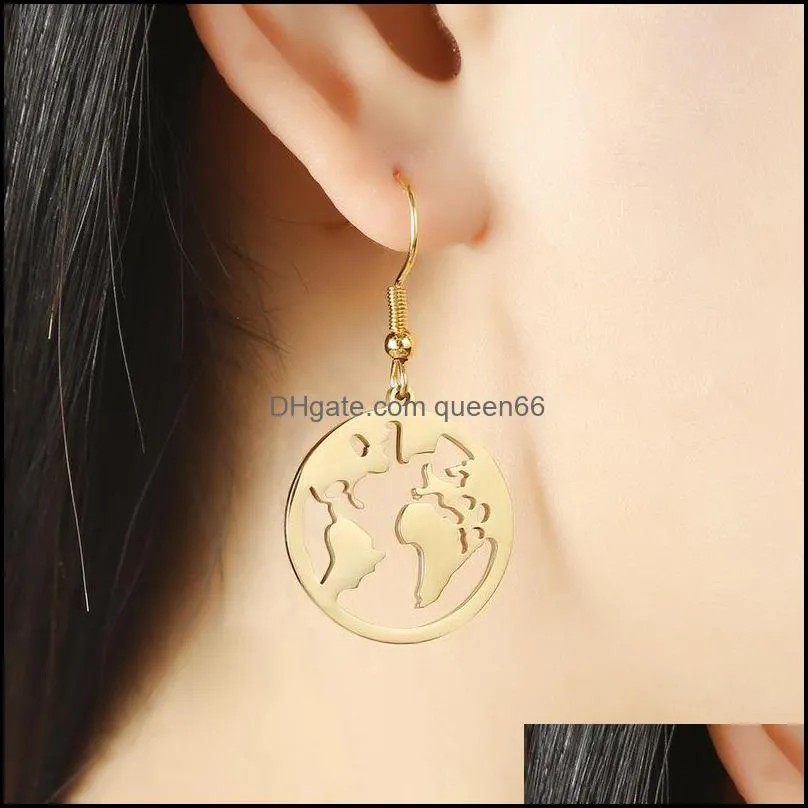 stainless steel world map earrings silver gold maps dangle ear rings women fashion jewelry