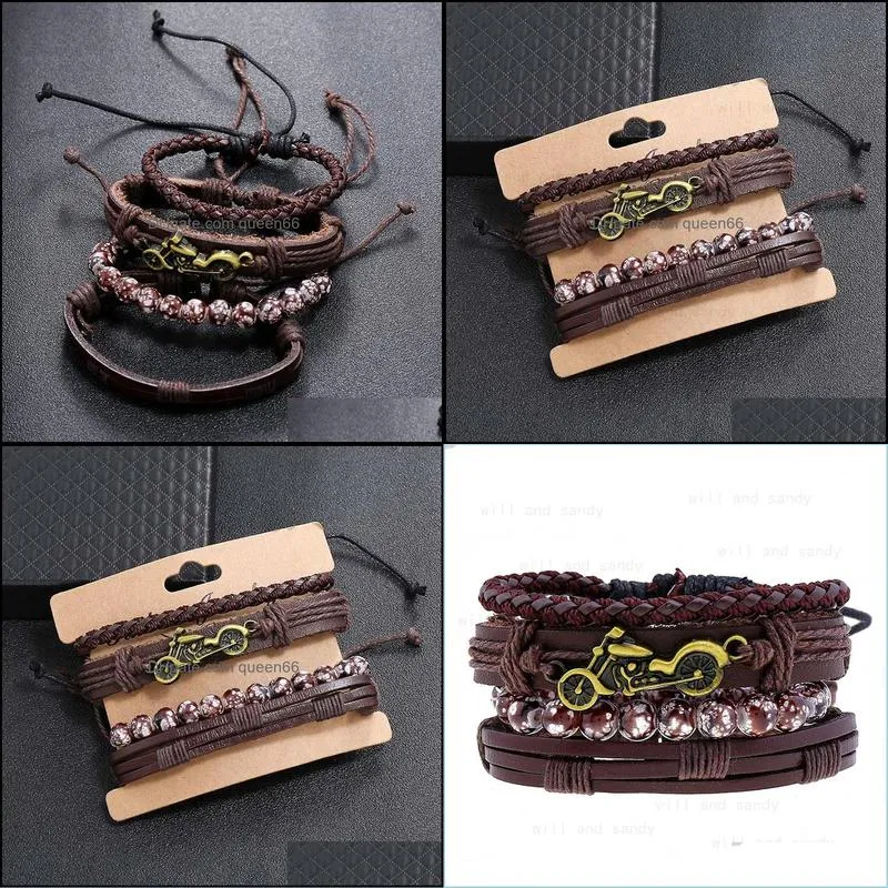 4pcs/set braided leather bracelet adjustabel beaded retro mens motorcycle bracelets bangle cuff wristhband hip hop jewelry gift