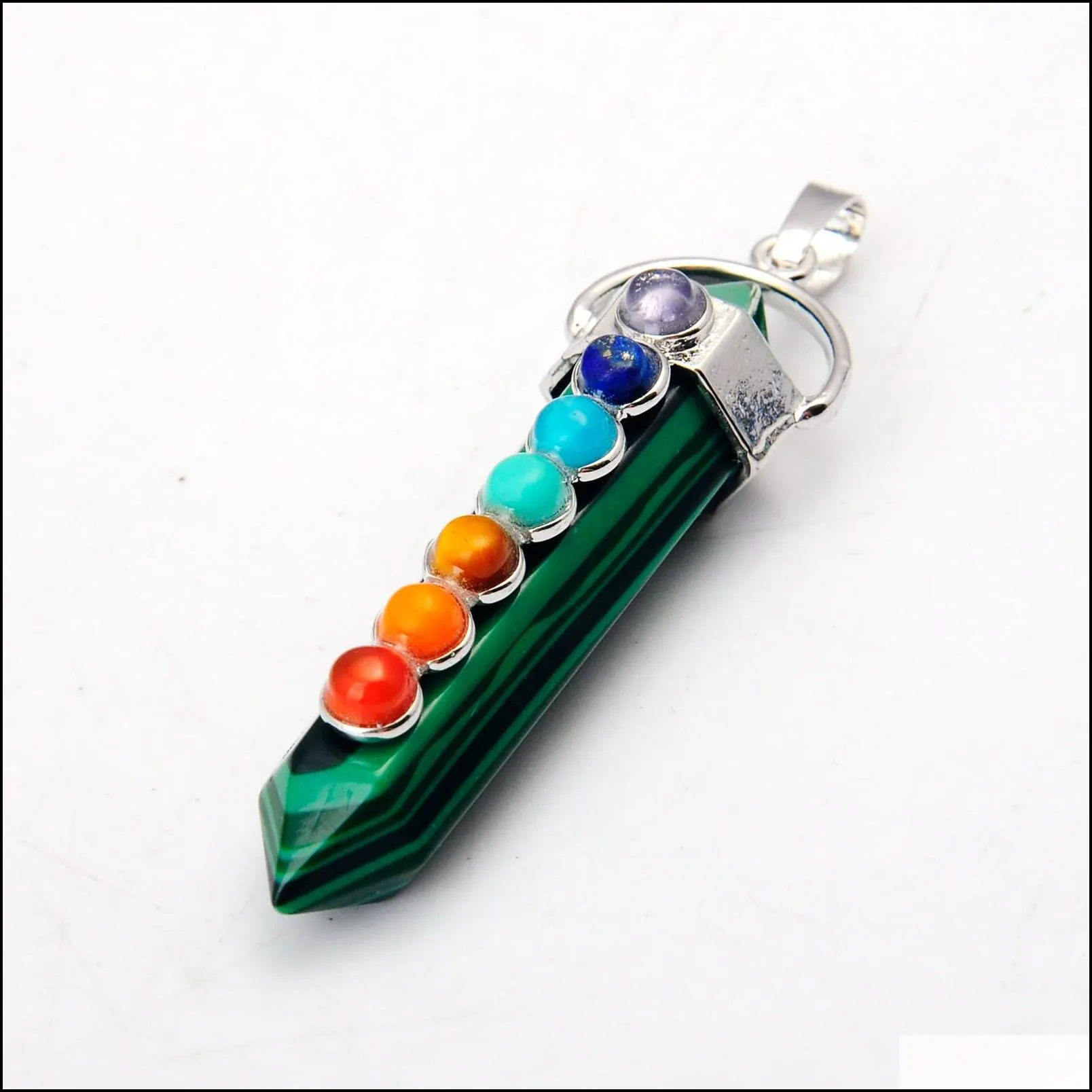 wholesale malachite hexahedron reiki point pendants with 7 chakra crystal gemstone for women men jewelry necklace