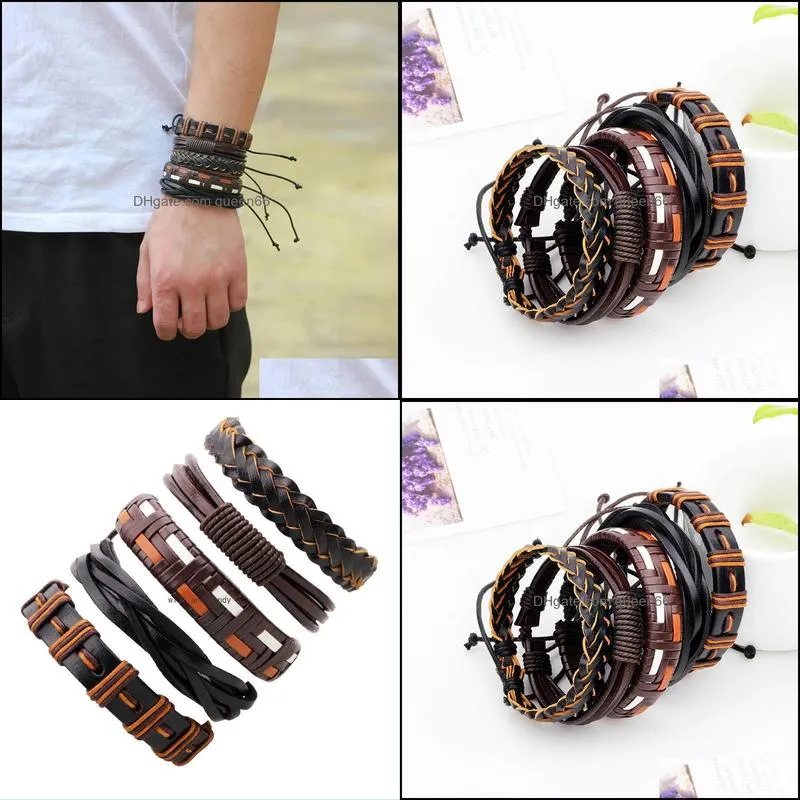 adjustable wrap multilayer mens leather bracelet hip hop jewelry vintage handmade braided leather bracelets bangle cuff