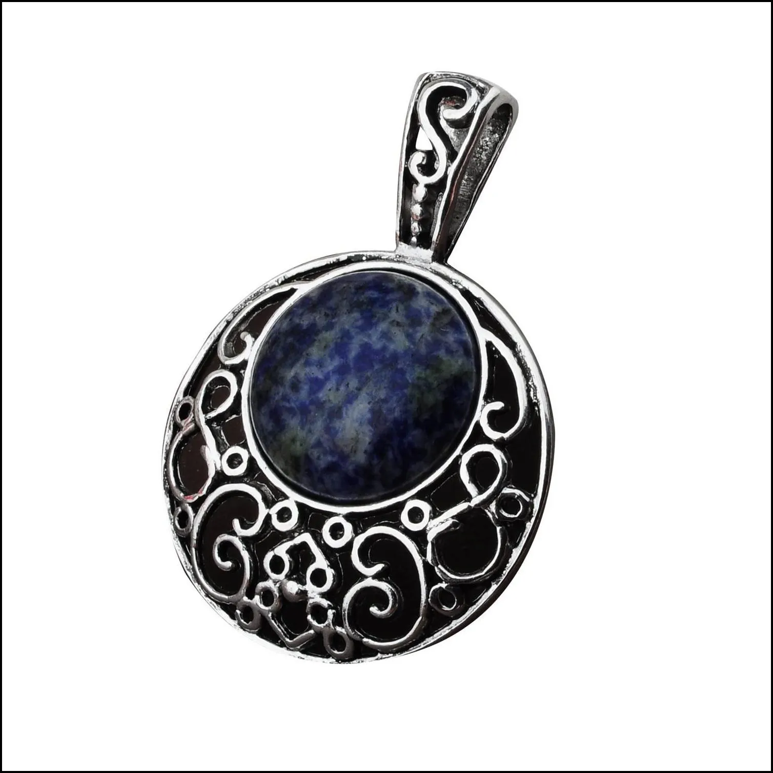 fashion semi precious stone sodalite pendants 40mm plated silver alloy 20mm cabochon crystal women charms necklace jewelry 60cm chain