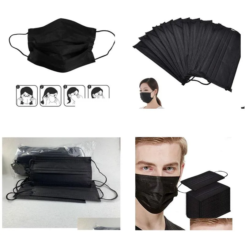 50pc black face mouth protective mask disposable filter earloop non woven mouth masks in stock