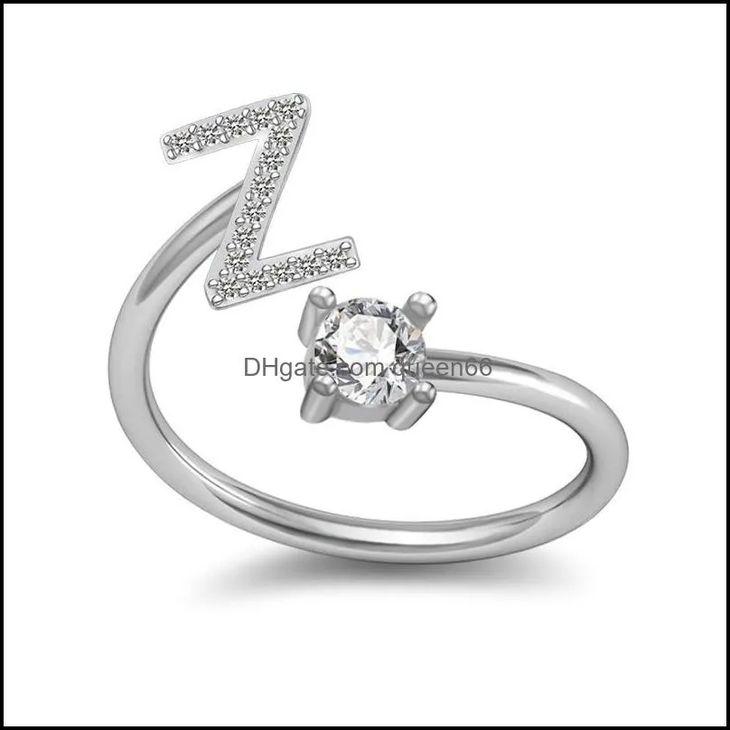 26 az english letter ring crystal english initial ring open diamond women rings fashion jewelry