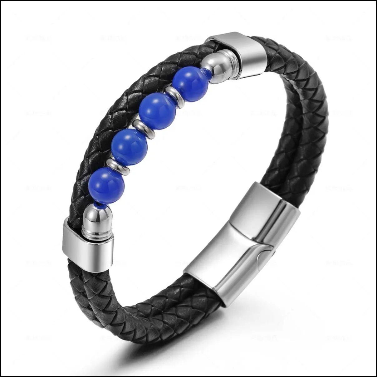 layered braided leather bracelets for men link chain strand 8mm stone beads with magnetic clasp wrist band rope cuff bangle lapis lazuli lava