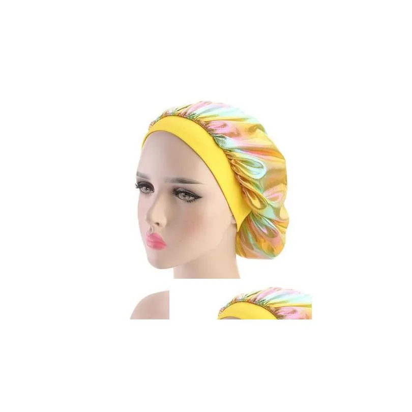 58cm solid color long hair care women satin bonnet cap night sleep hat silk head wrap adjust shower caps