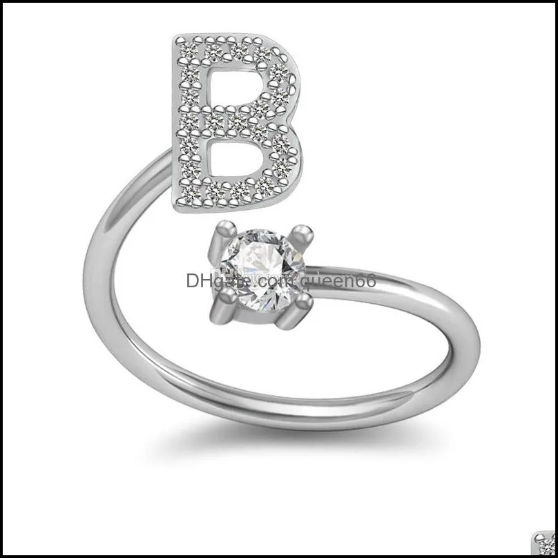 26 az english letter ring crystal english initial ring open diamond women rings fashion jewelry