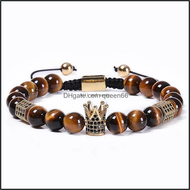 tiger eye crown bracelet natural stone copper microinlaid zircon diamond braided bead bracelets women men fashion jewelry