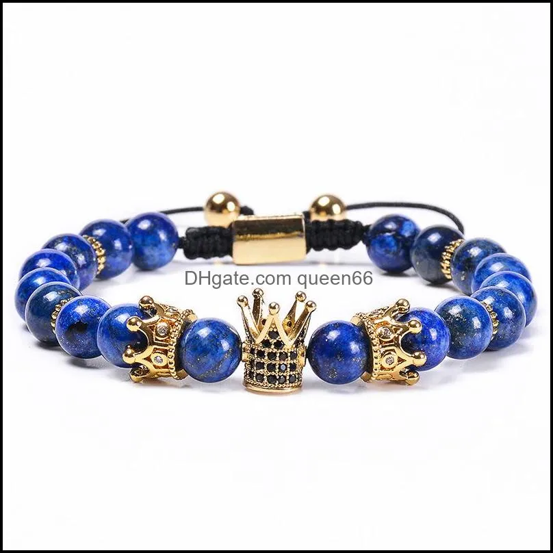 natural stone lapis lazuli crown bracelet braided copper microinlaid zircon diamond bracelets bead bracelets women men fashion jewelry