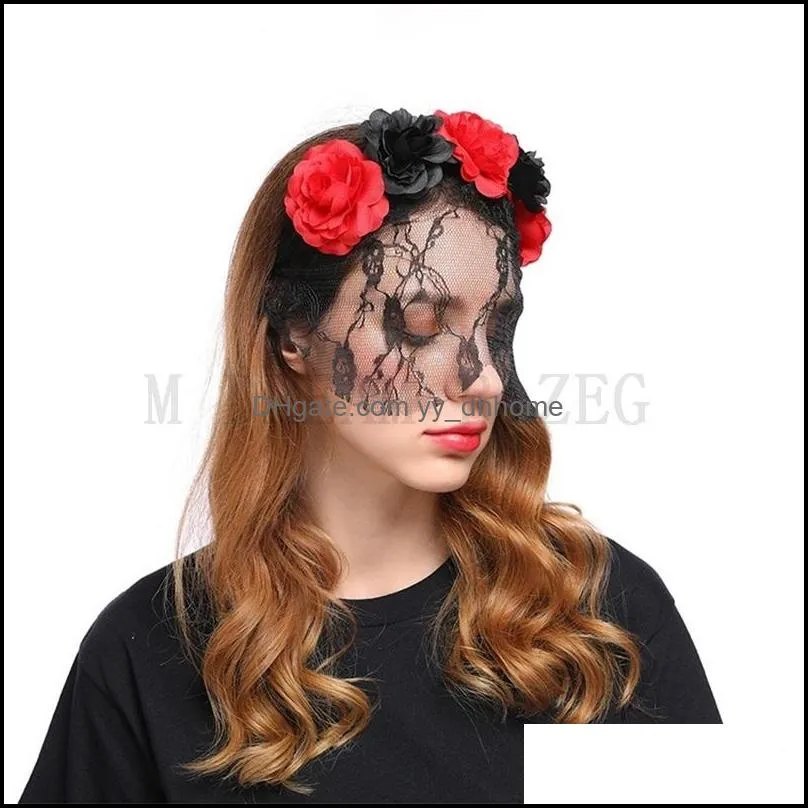 rose flower lace veil halloween headband party decoration hair dress halloween fancy headwear cosplay decorations