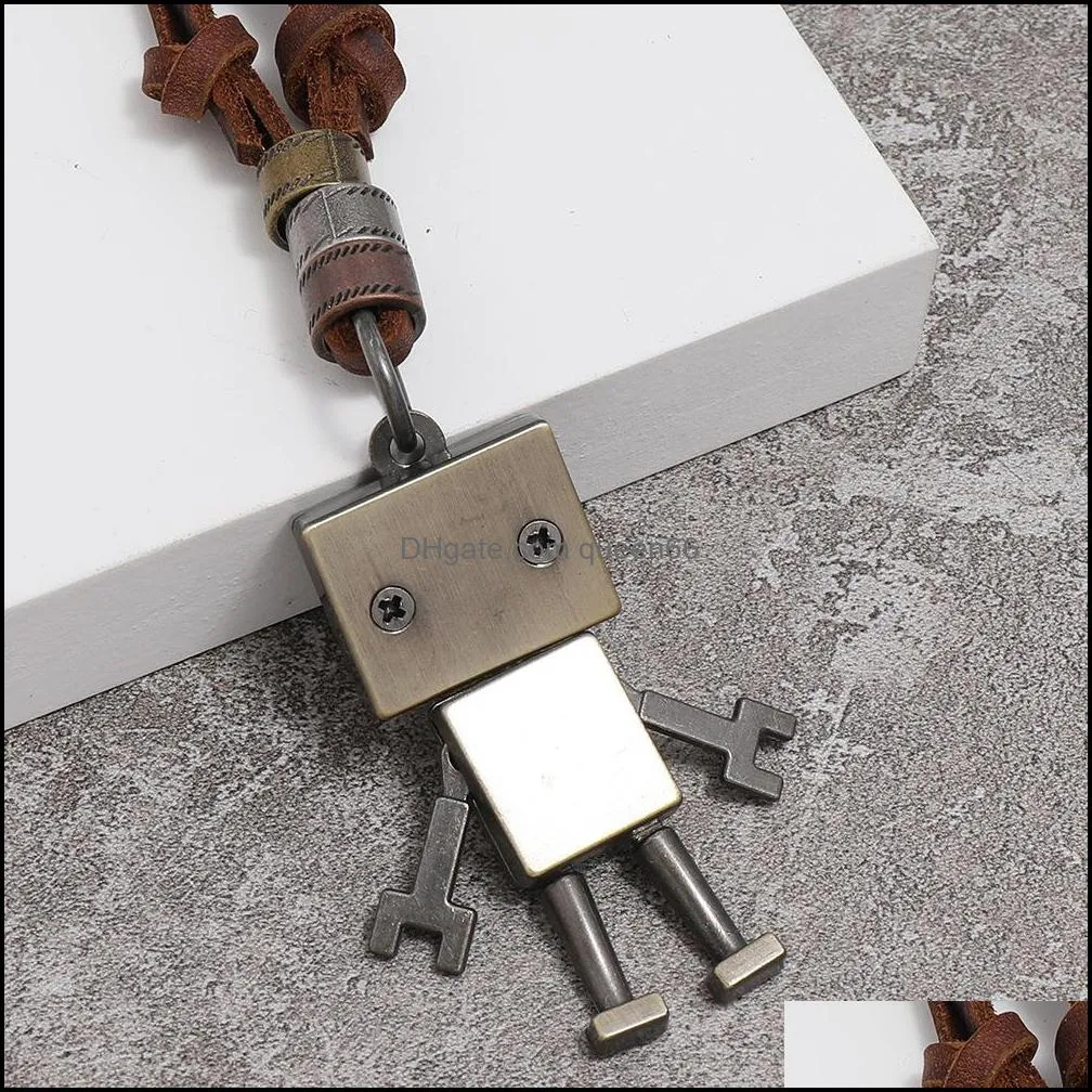 retro metal movable robot pendant necklace adjustable leather chain necklaces for women men fashion jewelry