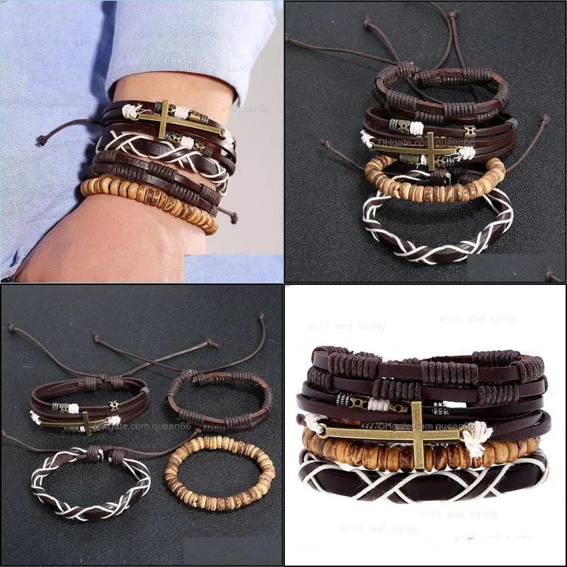 mens vintage bracelet set adjustable mulitlayer wrap braided cross leather bracelets wristband bangle cuff for men hip hop jewelry