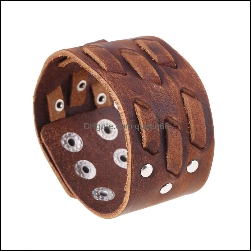 retro brown weave leather bangle cuff multilayer wrap button adjustable bracelet wristand for men women fashion jewelry